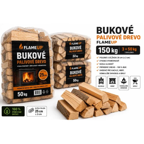 Bukové palivové drevo Flameup 150 kg (3 × 50 kg), polená 25 cm, do kachlí, krbov, vonkajších ohnísk a grilov