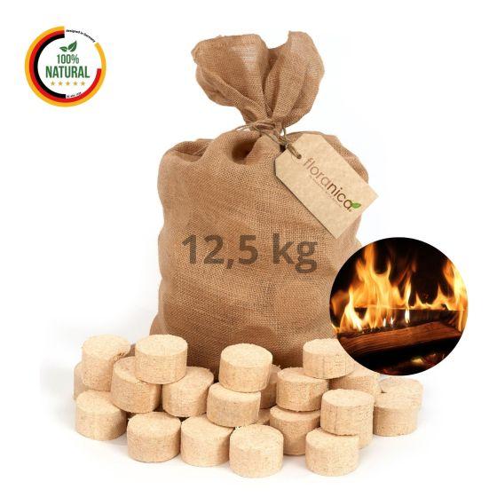 Drevené brikety Floranica Premium – 100 % lisované drevo – 5 × 12,5 kg (62,5 kg) – okrúhle brikety do krbu – nízka vlhkosť a dymivosť