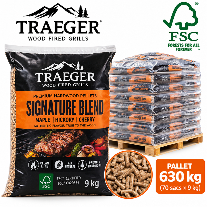 Drevené pelety TRAEGER FSC Signature Blend – paleta 630 kg (70 × 9 kg)