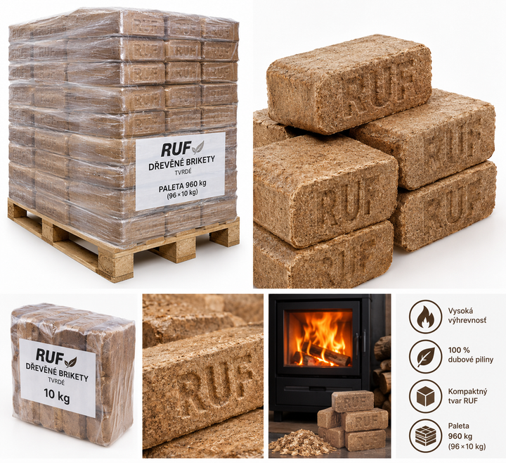 Drevené brikety RUF tvrdé – fólia, paleta 960 kg (96 × 10 kg)